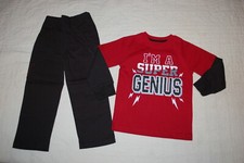 Boys DARK RED L/S T-SHIRT "IM A SUPER GENIUS" Black Woven Pull On Pants SIZE 5