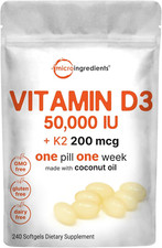 Vitamin D3 50000 IU Plus K2 MK-7 200 mcg 240 Virgin Coconut Oil Softgels
