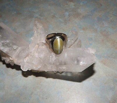 Vtg 14k White Gold Natural Cat's Eye Chrysoberyl Ring w/Diamond Arrow Accents