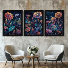 Psychedelic Floral Art Print Set of 3 Colourful Abstract Flower Wall Art Print