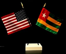 1 American & 1 Country Mini Rayon 4"x6" Desk Flag Set with Crossed 2-Hole Base