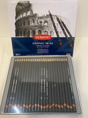 24 x Derwent Graphic Graphite Drawing Pencils Set 34202 New Sealed Metal Case