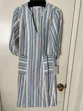 W by WORTH WOMENS Full length Blue White Striped Linen TUNIC V-NECK Size XS