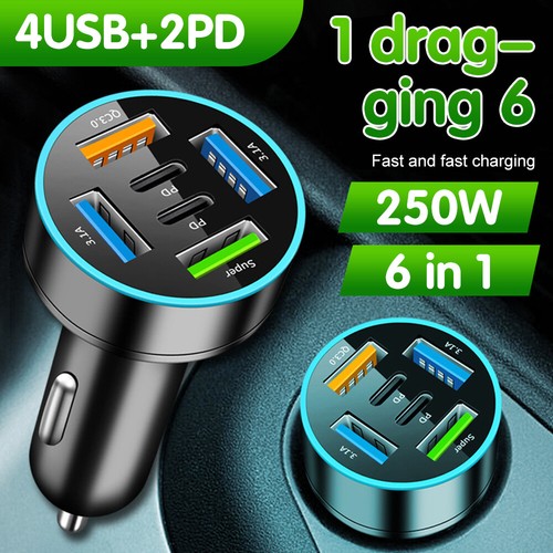 Car Fast Charger Adapter 6 USB Ports PD QC3.0 for iPhone Samsung Cell Phones - Picture 2 of 19