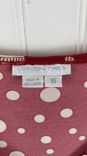 London Times Dress Womens Size 16 Ruched Faux Wrap Red Polka Dot - Picture 3 of 12