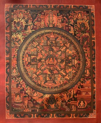 HAND-PAINTED BUDHHA LIFE  MANDALA OIL VARNISHED TIBETAN THANGKA/THANKA  PAINTING