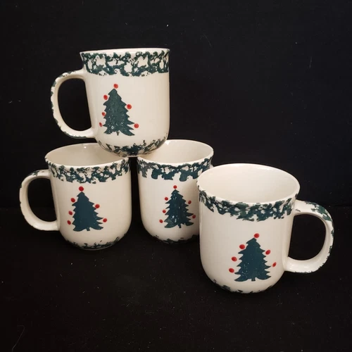 FolkCraft Winter Wonderland Mugs Set of 4 VTG Tienshan Christmas Tree Spongeware