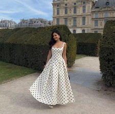 White Polka Dot Square Neck High Waist Pleated Midi Dress Vintage Outfit
