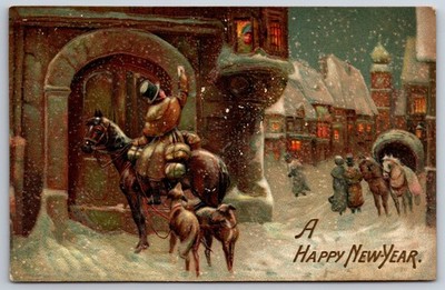 New Year~Victorian Traveler On Horseback Waves Letter @ Lady in Tower~Dogs~Snow