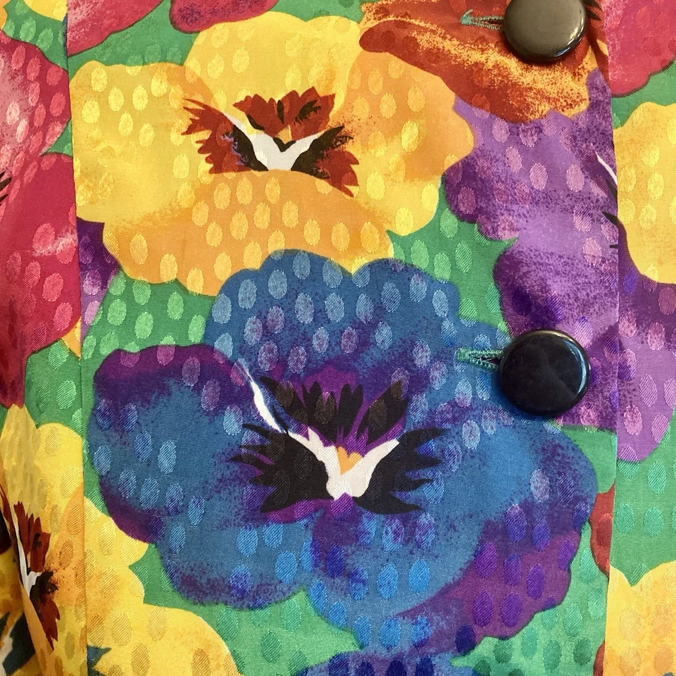 Top estilo peplum satinado floral pensamiento arte pop años 80 1990 mangas abullonadas Foto 2 de 4