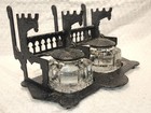 Antique 1880s Cast Iron And Glass Eastlake Double Inkwell & Letter Holder Stand — photo 3