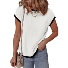 BLUEMING Womens Fashion 2026 Color Block Shirts Short Sleeve Crewneck
