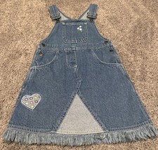 Vtg Faded Glory Girls 4/5 Denim Bib Overall Jumper Dress Embroidered Fringe Hem