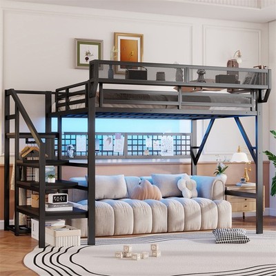 Queen Size Loft Bed with Stairs,High Loft Bed with Wardrobe and Storage,Black