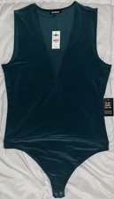 Express Womens Green Sleeveless V-Neck Mesh Panel Thong Bodysuit Size Medium NWT