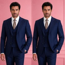 Navy Business Mens Suits 3Pcs Formal Dinner Tuxedos Party Peak Lapel Coat Blazer