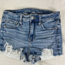 American Eagle Next Level Stretch Cut-Off Shorts Womens 0 Blue Denim Distressed