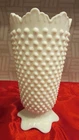Vtg MCM Fenton? 9' White Milk Glass Hobnail Pedestal Sawtooth Scalloped Rim Vase