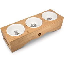 Elevated Triple Cat Feeder Set with Ceramic Bowls and Bamboo Stand for Multiple