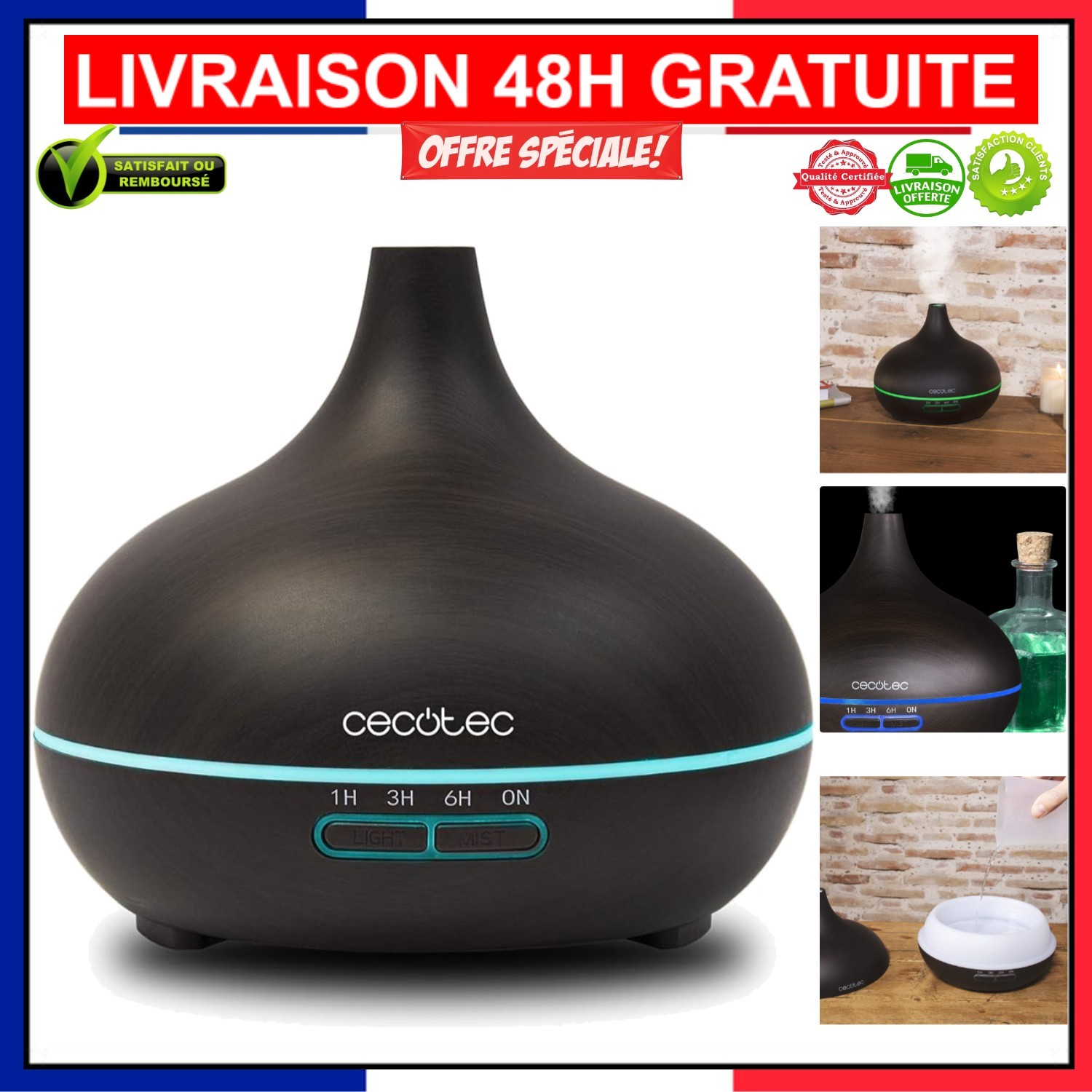 Humidificateur 300ml pour chambre avec minuteur 10h et lumière nuit