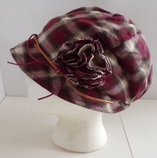 Ladies Wine Gray Plaid Lightweight Cloche Hat With Flower Detail Round Brim