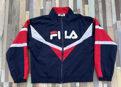 Vintage Fila Shellsuit Trainingsanzug Oberteil Full Zip Jacke XL Retro Blau Rot Weiß