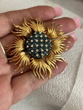 Vintage Corocraft SIGNED Gold Plated Blue Rhinestone Sunflower Brooch Pin Rare
