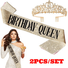Birthday Queen Gold Tiara Crowns for Women, Sash, Party Favors Supplies Gift