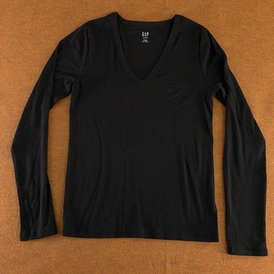 Gap Womens Large Tall Black Long Sleeve Modern V-Neck T-Shirt New
