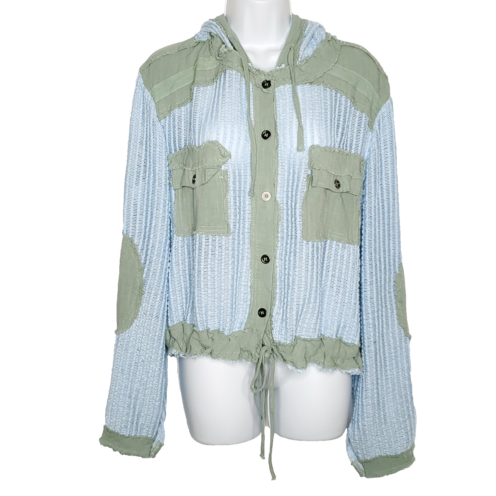 POL Open Knit Crochet Patchwork Jacket M Blue Gre… - image 1