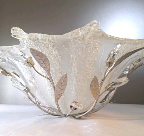 MCM Ceiling Lgt Fixture Silver Leaf Metal Crystal Glass 14x5 Art Noveau GLAM - Picture 2 of 24