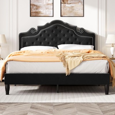 SHA CERLIN Queen Bed Frame with Adjustable Headboard/Velvet Upholstered/Diamond