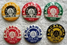 6 Old 1970's A.M.C. & B.W. of N.A., Meat Cutters & Butchers Trade Union Pins