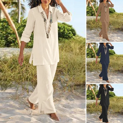 Women's Cotton Linen Suit Shirt Pants Set Long Sleeve Casual Loose Sets Summer - Picture 3 of 17