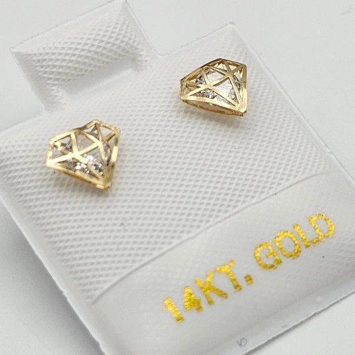 14k Yellow Solid Gold Diamond-Shape cage Screw Back Stud Earrings Cute -6mm - Picture 4 of 5