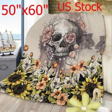 Rustic Floral Skull Sunflower Flannel Fleece Blanket Soft Throw Blanket for Sofa