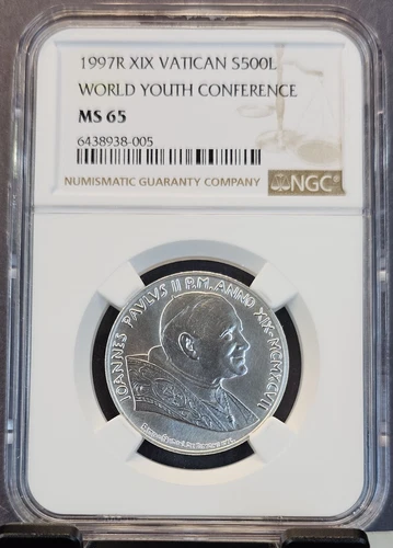 1997 VATICAN SILVER 500 LIRE WORLD YOUTH CONFERENCE NGC MS 65 GEM BU