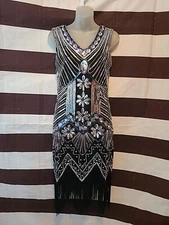 Babeyond Black 20s Inspo Flapper Dress Sequined Fringed Sleeveless Sheath Small