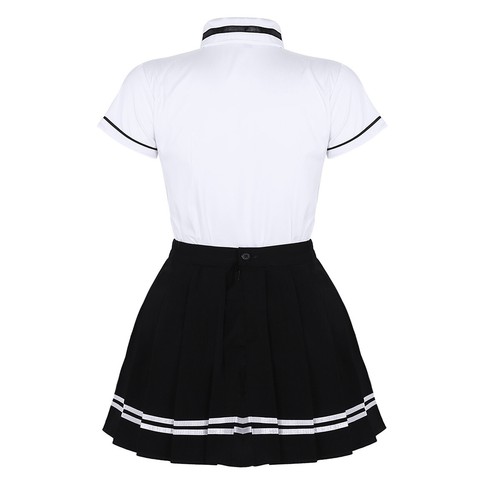 Women's School Girl Uniform Dress Short Sleeve Shirt Plaid Skirt Student Costume - Picture 81 of 113