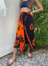 Hawaiian Sarong Orange/Black Hibiscus Cover-up Hawaiian Pareo Beach Luau Dress