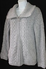 Aran Mor L Irish Light Gray Merino Wool Zip Cardigan Sweater