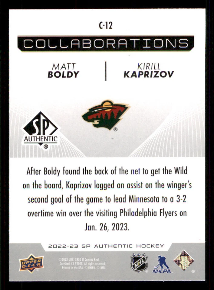 2022-23 SP Authentic Collaborations #C12 Matt Boldy/Kirill Kaprizov - Image 2 of 2
