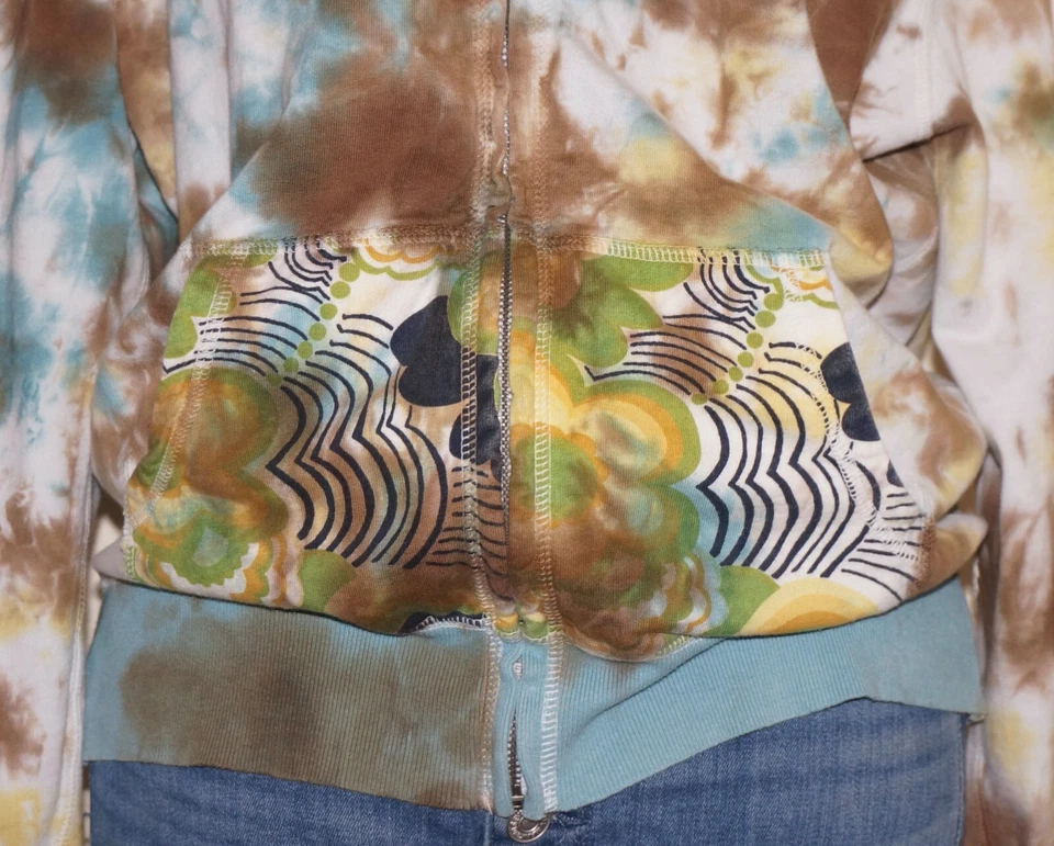 Vintage LUCKY BRAND Blue, Brown & White Tie-Dye Zip-Up Hoodie Sweatshirt LARGE - Image 3 of 4