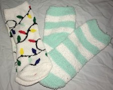 2 pair GIRLS WINTER CHRISTMAS SOCKS lights multi color mint white stripe NEW WOW