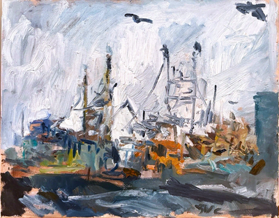 #ad Gloucester Nautical Harbor Seascape 16”x20” Surrealist Oil Painting $800.00