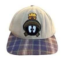 Vintage 90s Marvin The Martian Hat Strapback Cap Warner Bros Plaid Chenille Logo