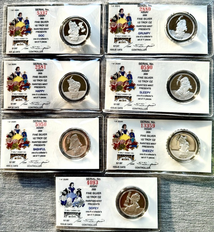Disney 1/2oz .999 Silver Coins- SET OF ALL SEVEN Dwarfs. 50th Ann. of Snow White