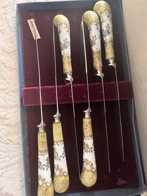 Stewart Dawson Sheffield Hand painted fruit knives set of 6 in box porcelain