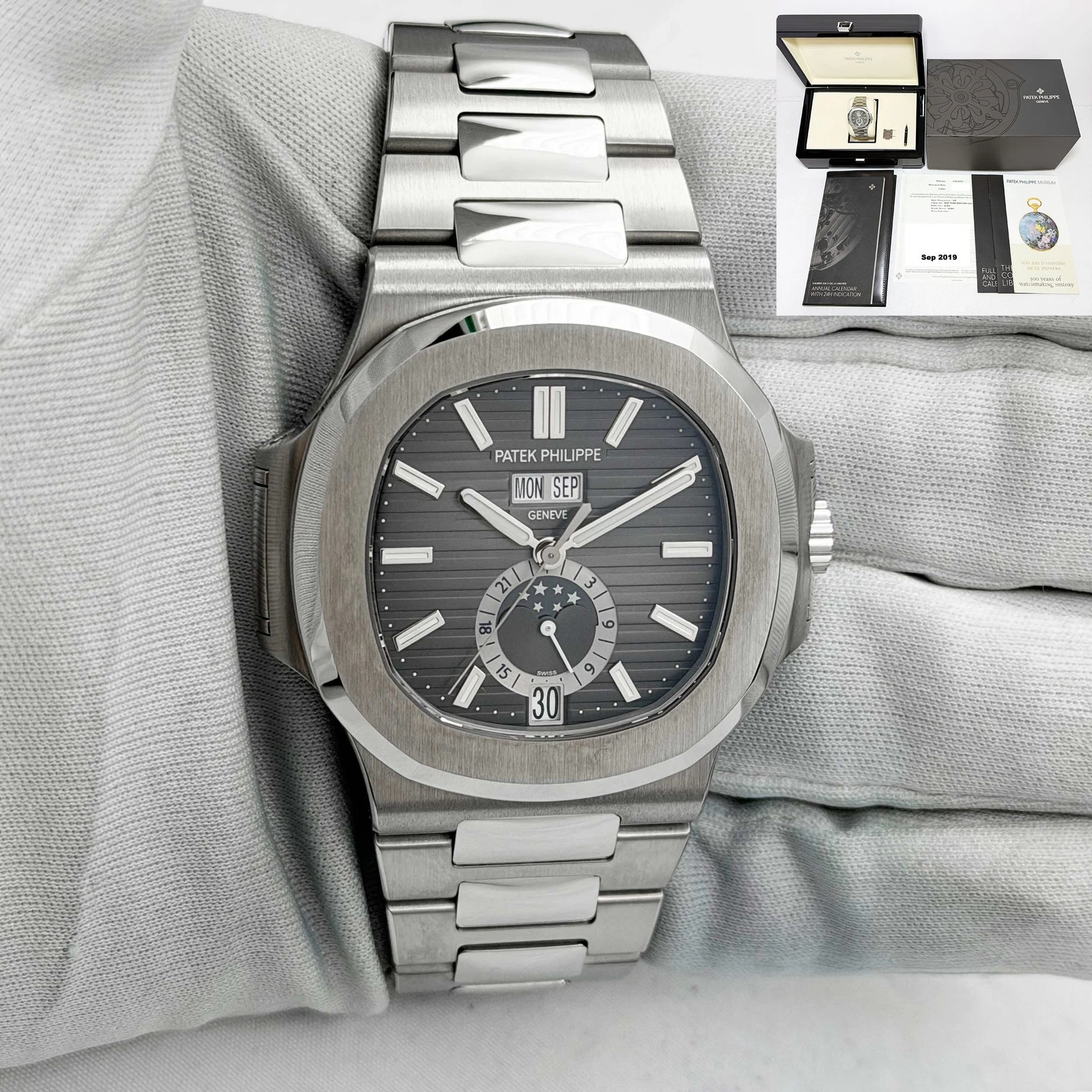 Patek Philippe — New 2019 Patek Philippe Nautilus 5726/1A-001 40.5MM Grey Dial Steel Box Paper