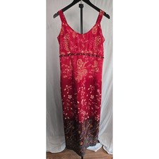 Red Boho Whimsical 90s Maxi Dress Beaded Empire Waist Sleeveless Flowy Sz M /L